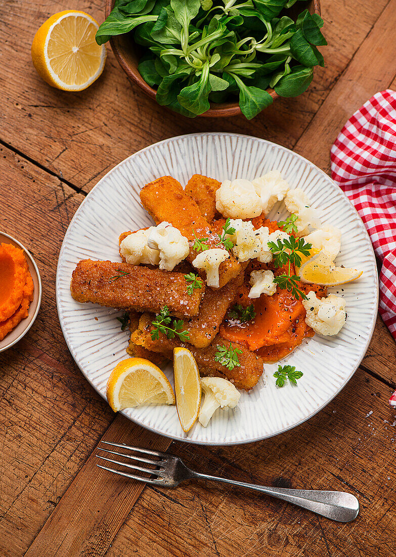 Fish fingers with pumpkin puree and cauliflower