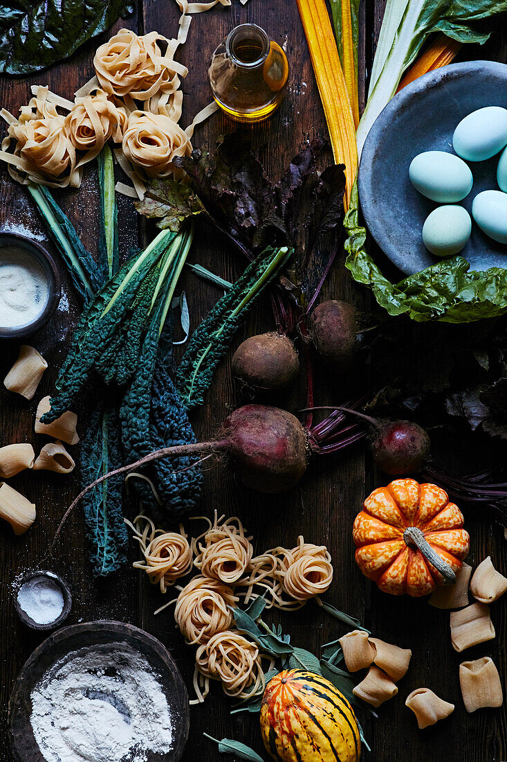 Ingredients for autumnal vegetable pasta