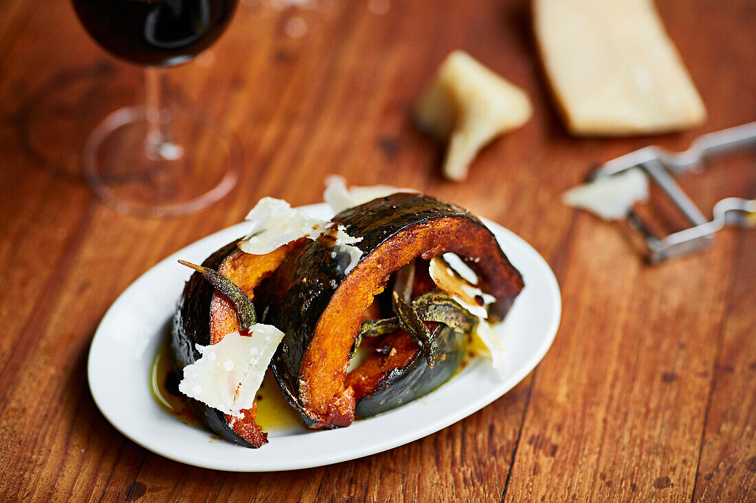 Oven-baked pumpkin with Parmesan shavings