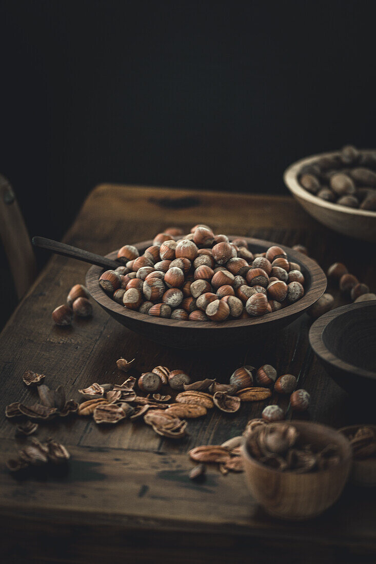 Hazelnuts in a wooden bowl