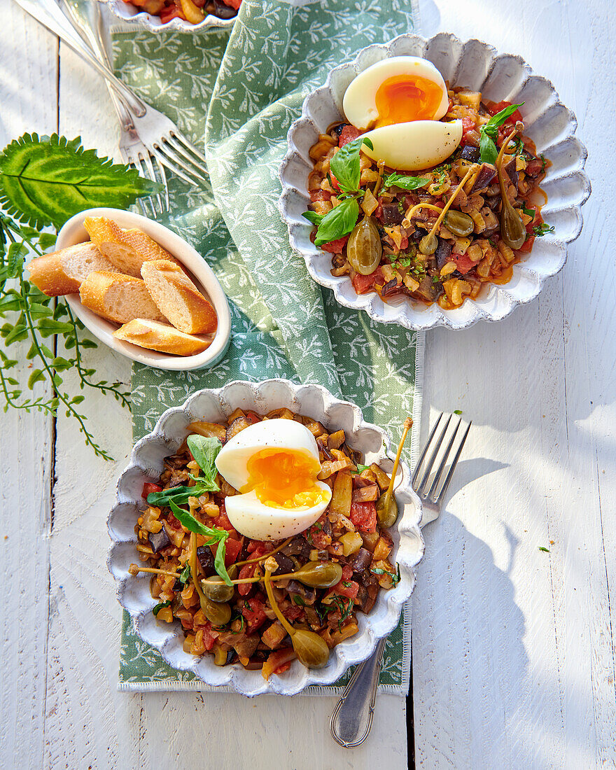Caponata with caper apples and soft-boiled eggs
