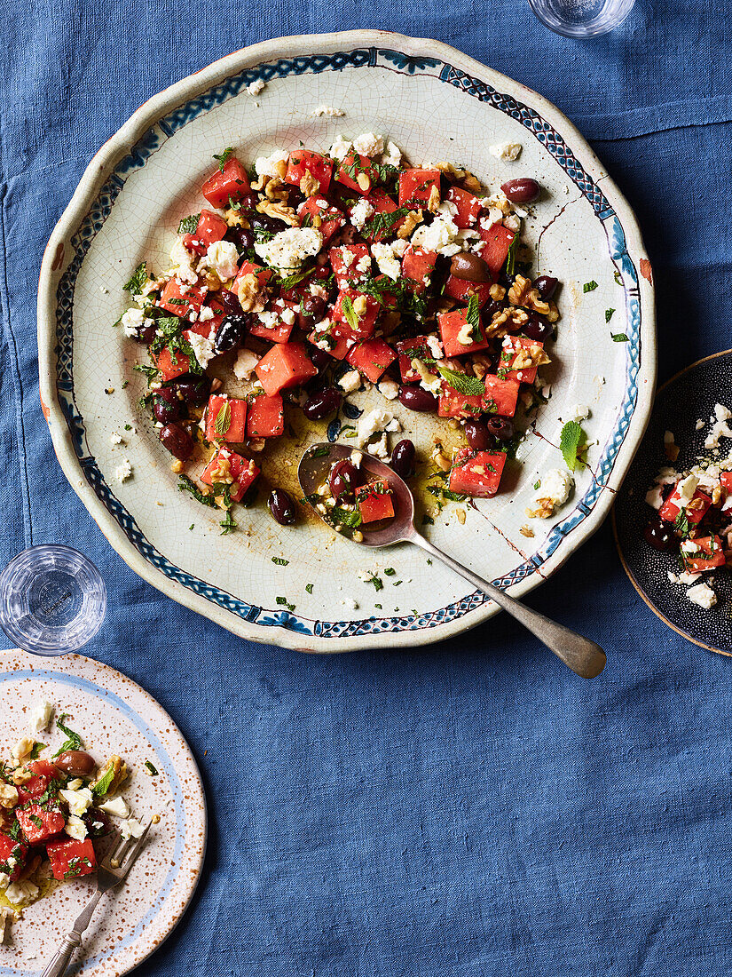 A watermelon salad with feta and olives