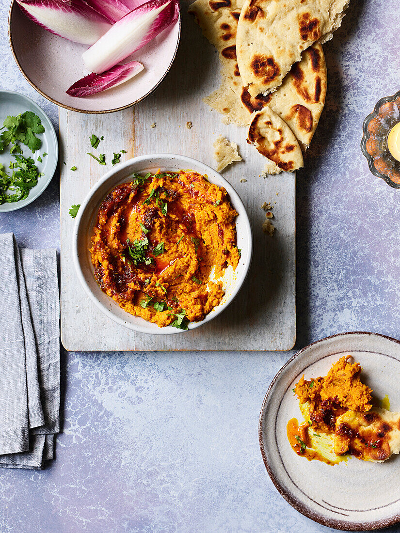 Carrot dip with naan bread