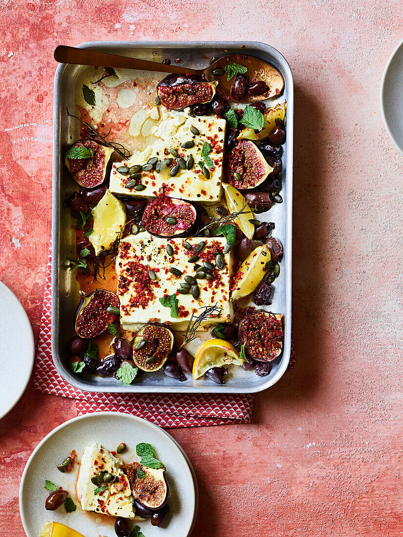 Baked feta with black olives, figs and chilli