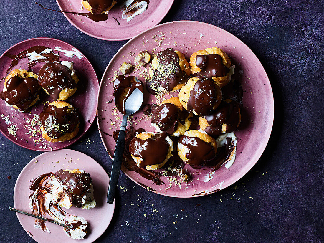 Profiteroles with dark chocolate, chestnuts and sea salt