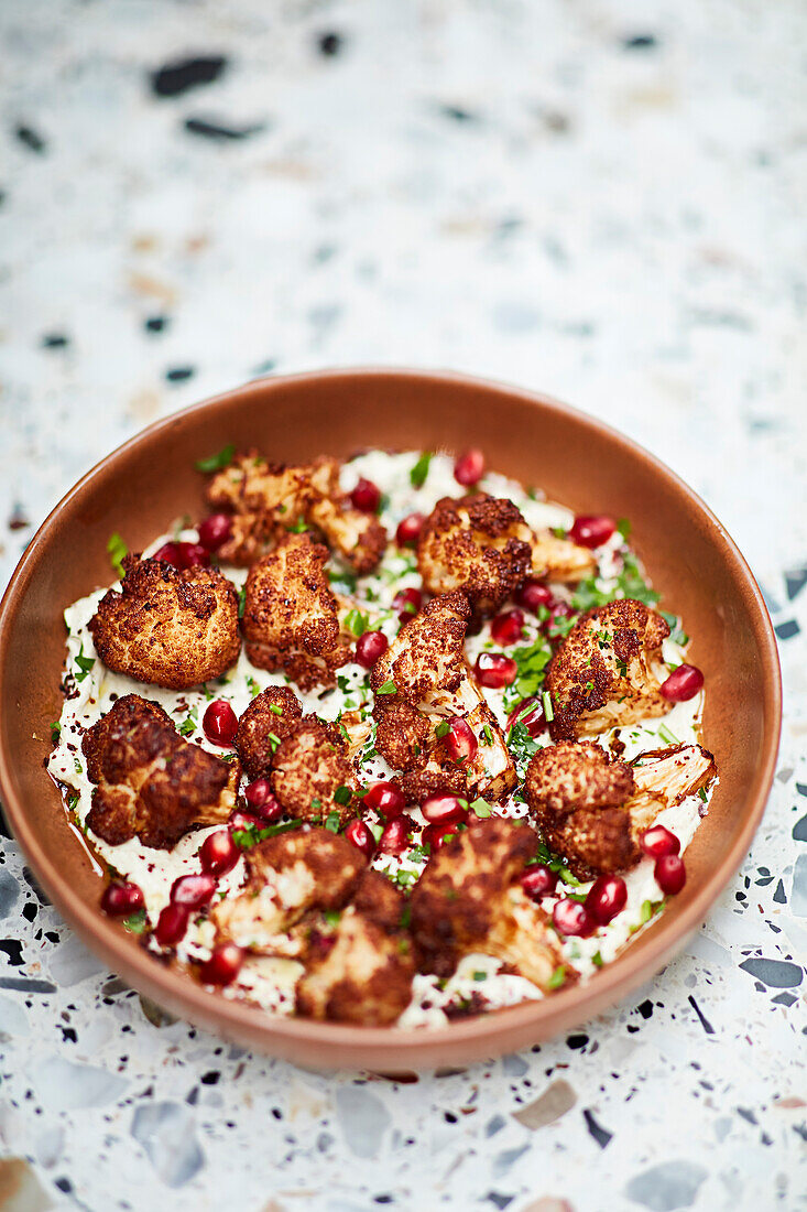 Baba ghanoush with cauliflower and pomegranate
