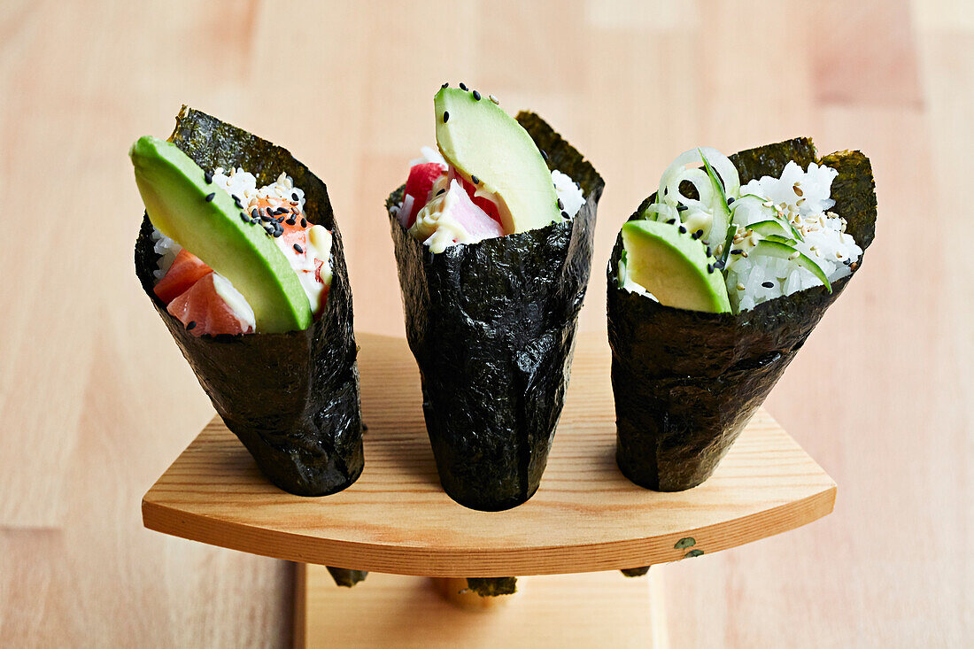 Three different temaki sushi (Japan)