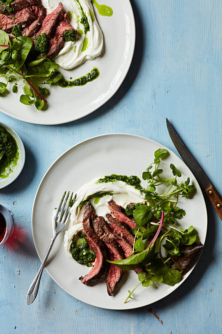 A bavette steak with Zhoug and yoghurt