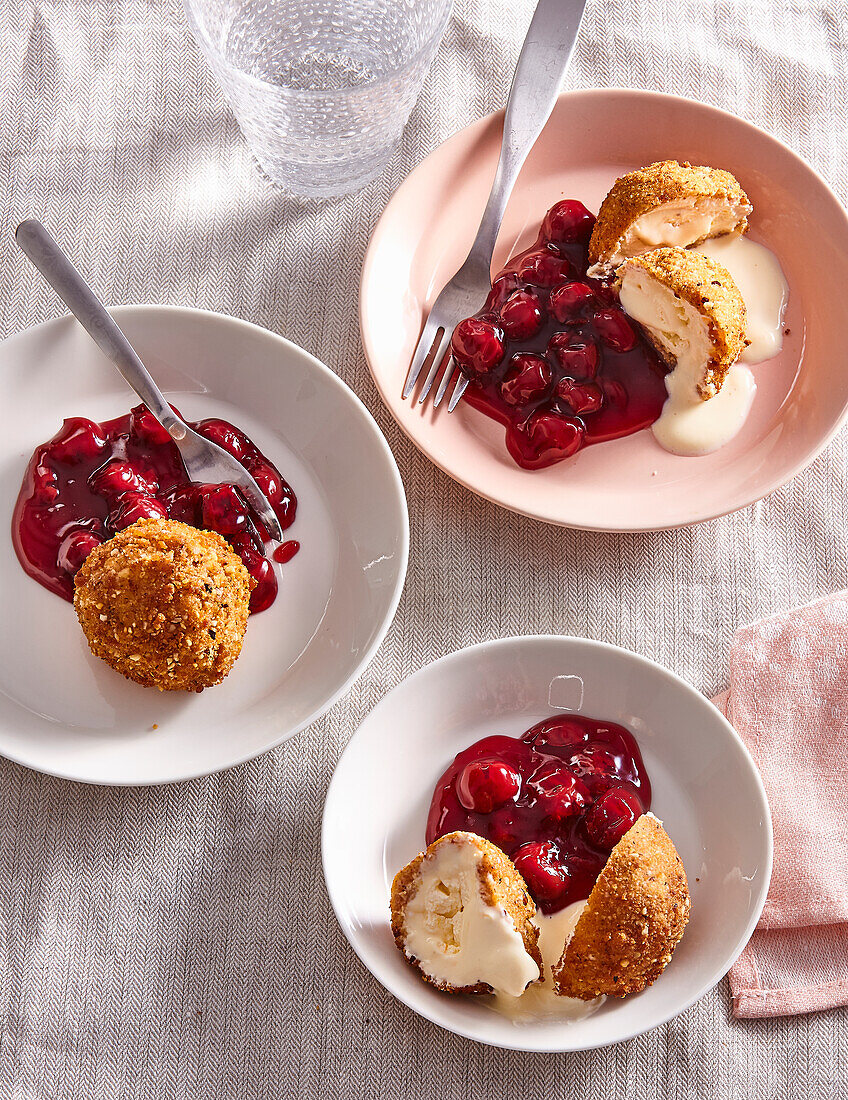 Fried ice cream with hot sour cherries