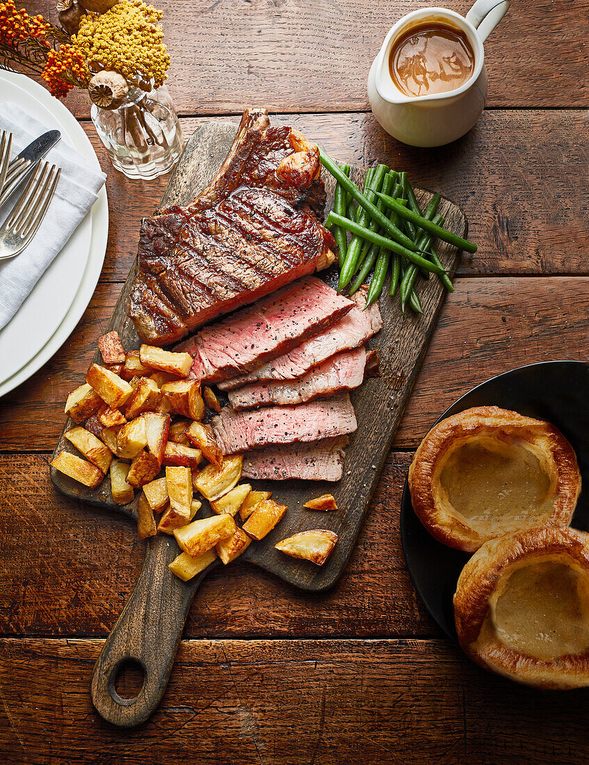 Steak roast with Yorkshire pudding and potatoes