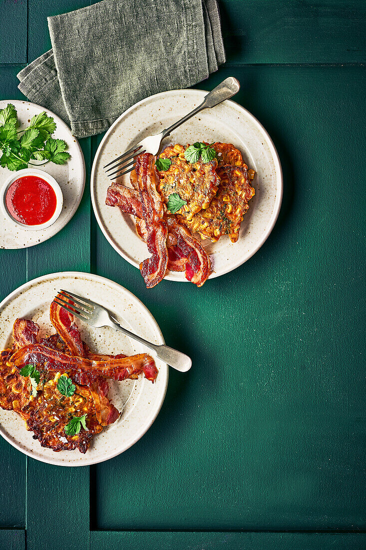 Corn pancakes with crispy bacon