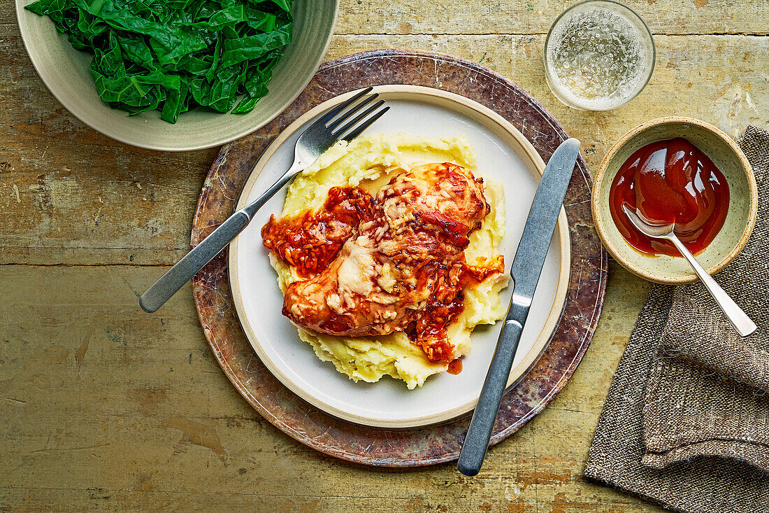 Hunter's Chicken with mashed potatoes and mozzarella cheese