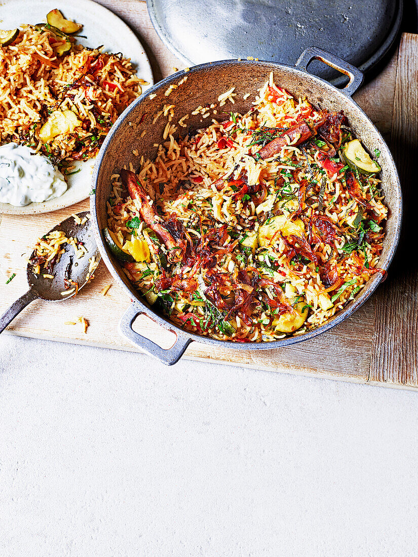 Caramelised onion and courgette pilaf