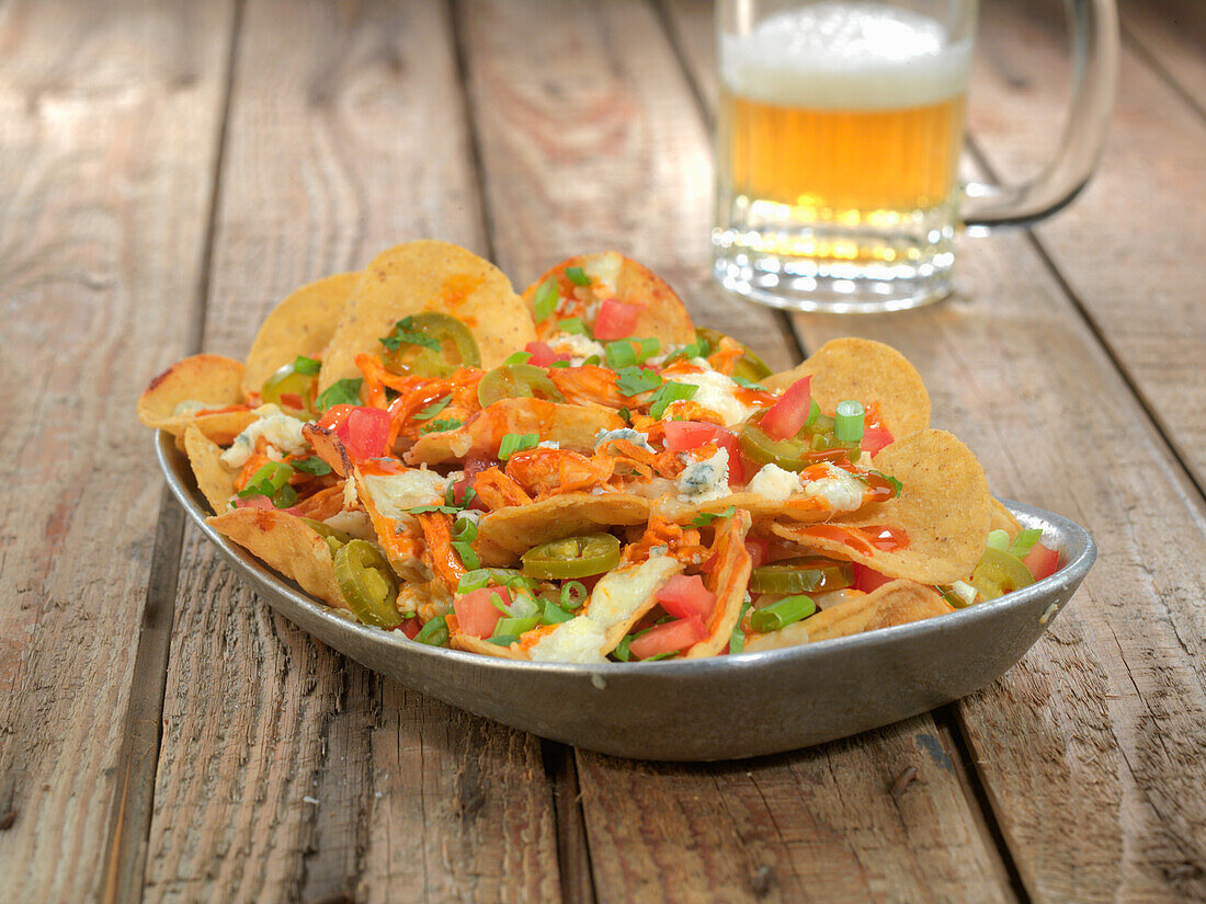 Buffalo nachos with jalapenos