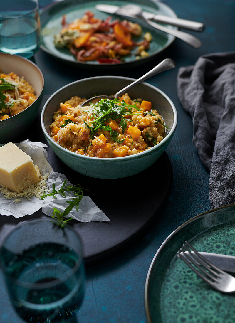 Barley and pumpkin risotto with rocket salad