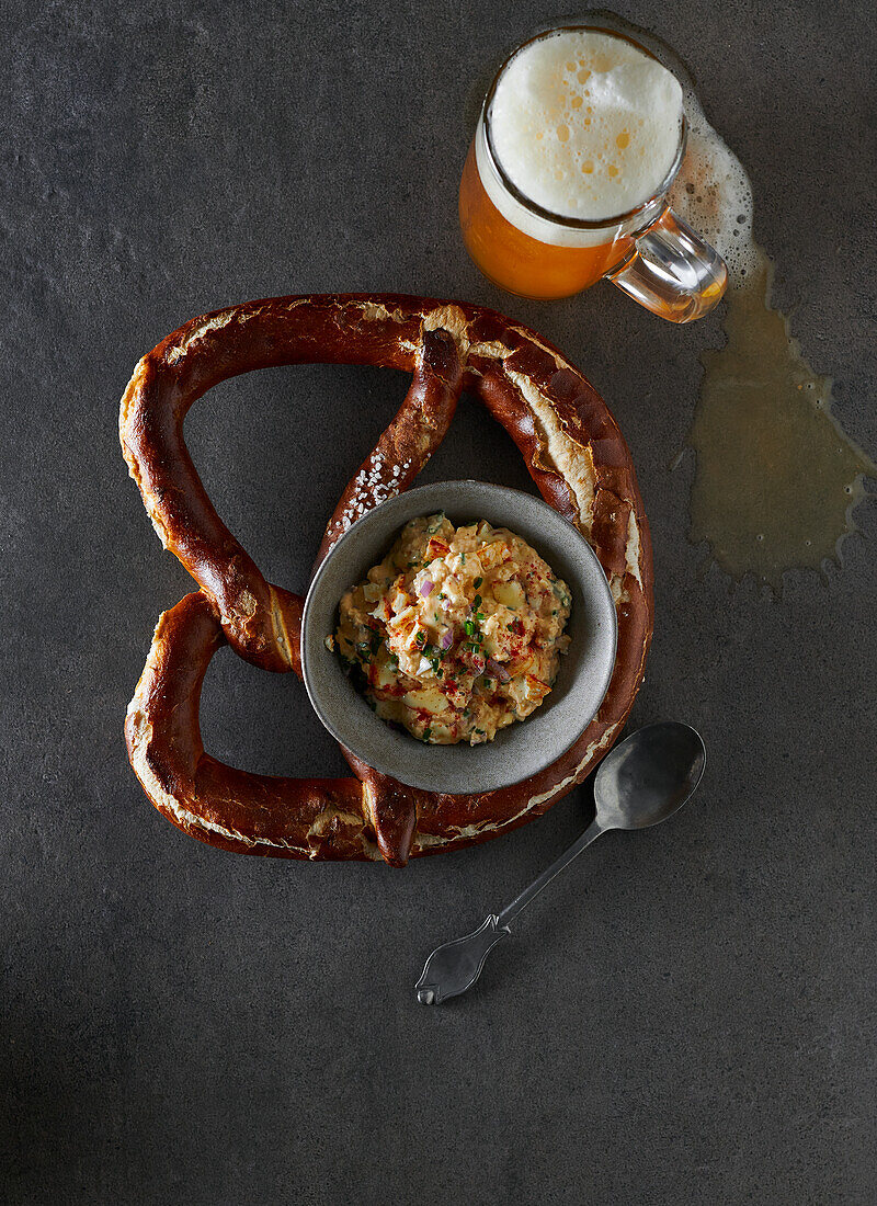 Obatzda with Wiesn pretzels and beer