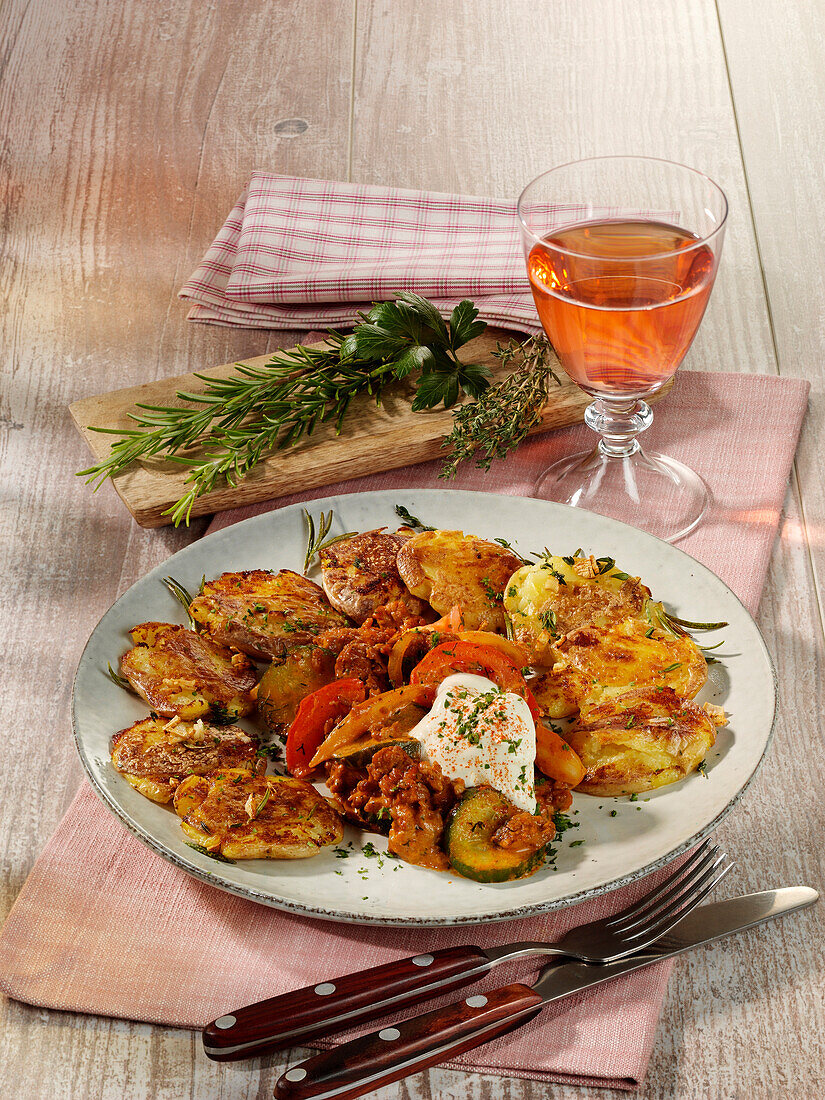 Smashed roast potatoes with ground meat