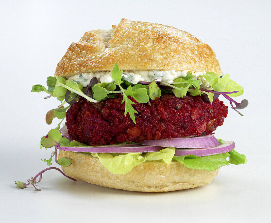 A beetroot burger with cream cheese