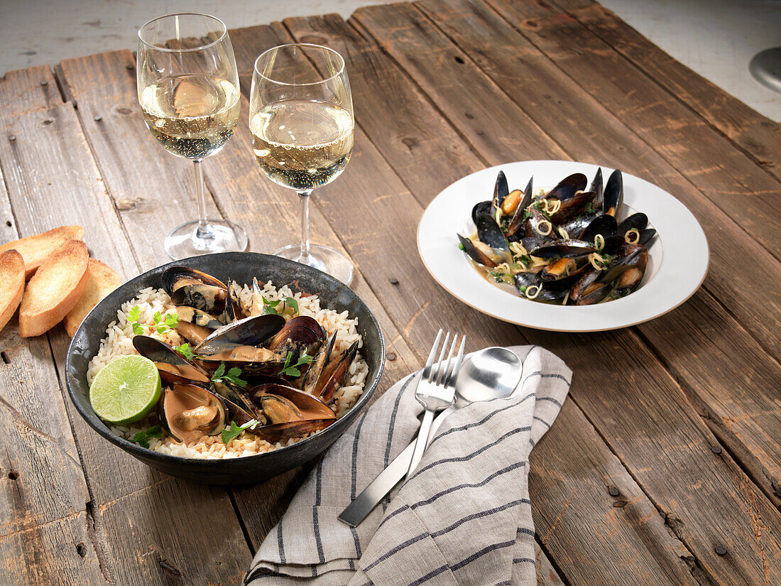 Mussels with ginger and lemongrass on rice