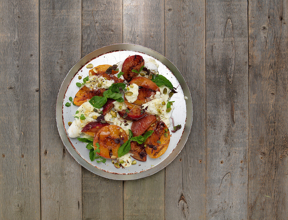 Grilled Peaches and plums with Burrata