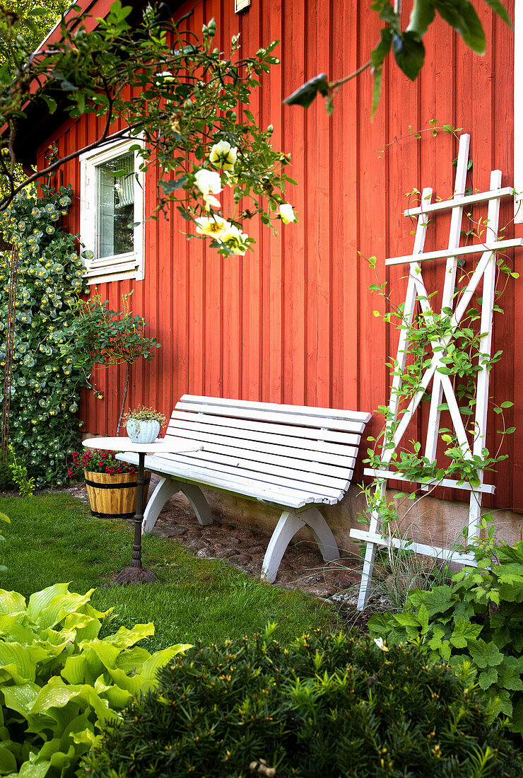 DIY trellis and bench on red house wall