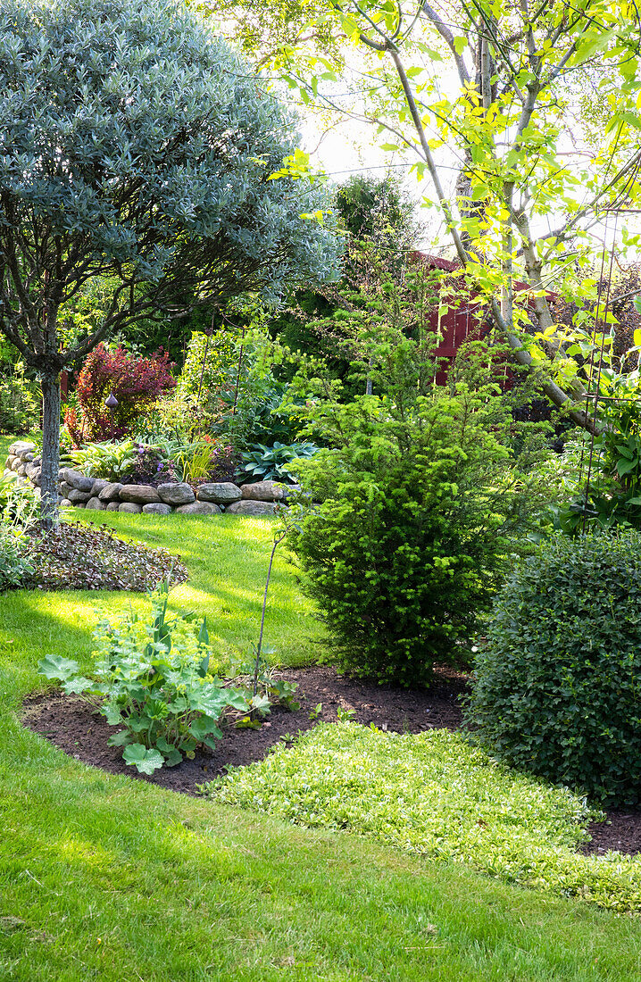 Lawn with garden beds in the hillside garden