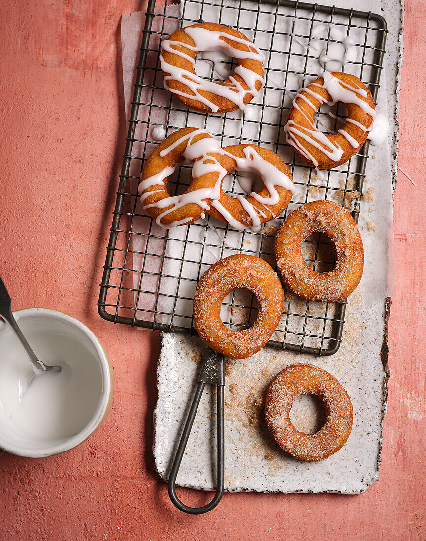 Potato donuts with cinnamon-sugar and lemon glaze