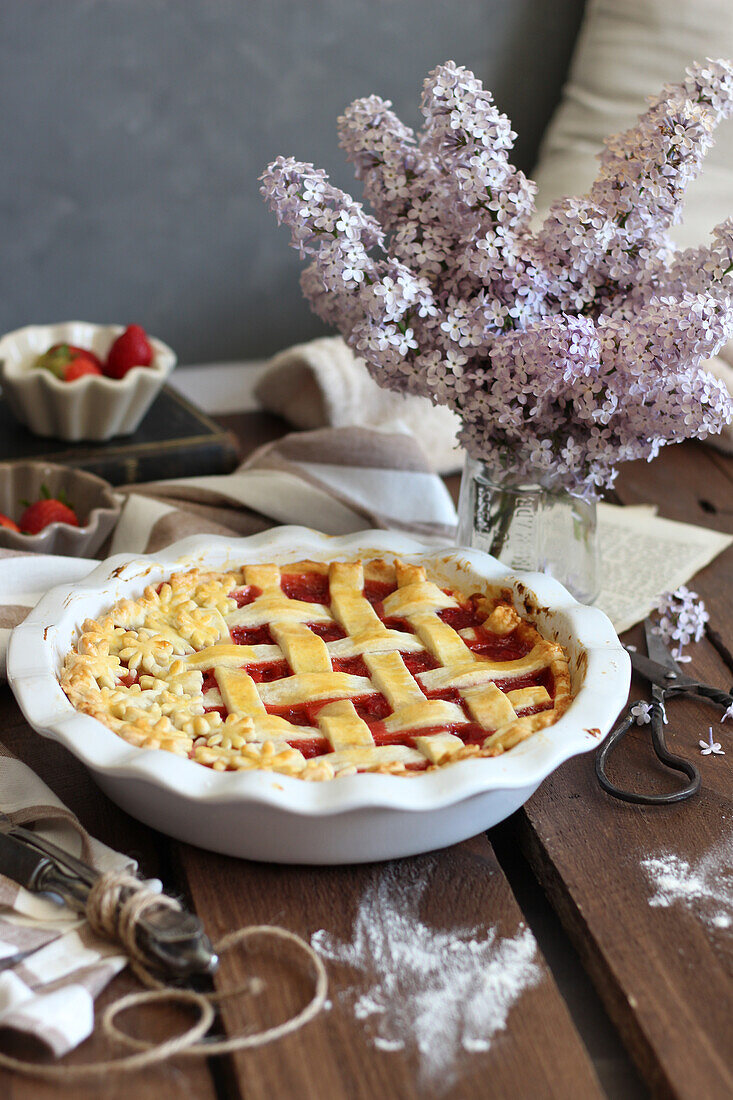 Rhubarb pie with a pastry lattice