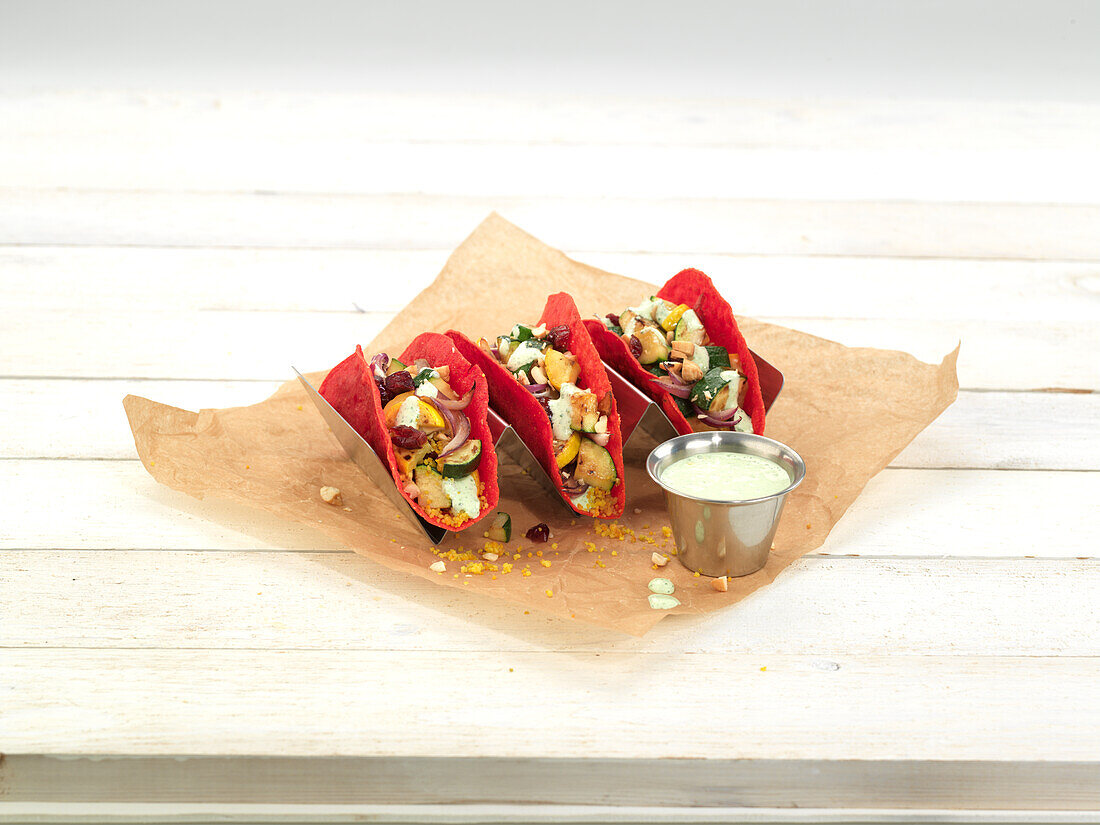 Tacos with roasted vegetables and curry couscous