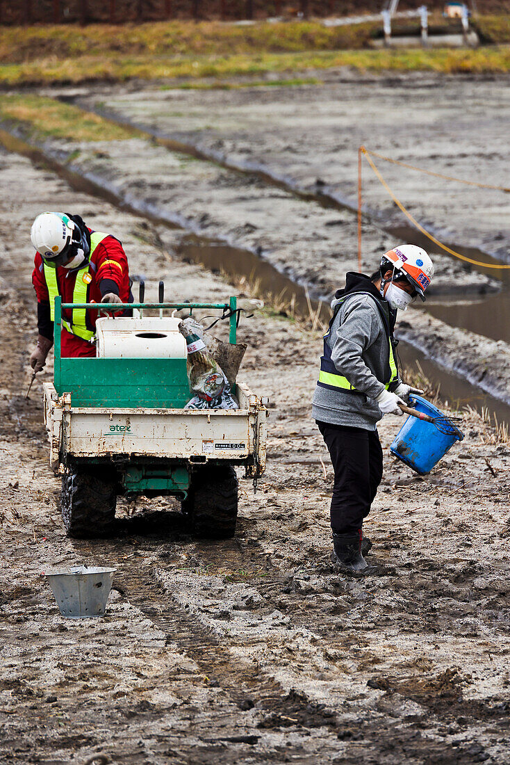 Workers cleaning land in Fukushima, Japan