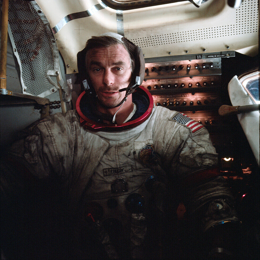 Astronaut Eugene Cernan inside Apollo 17 lunar module