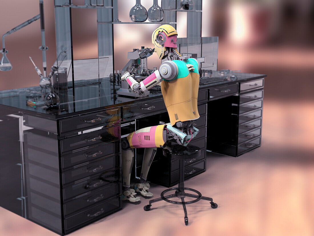 Humanoid robot working with microscope, illustration