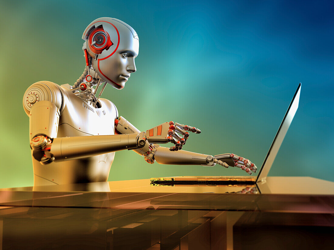 Humanoid robot working with laptop, conceptual illustration