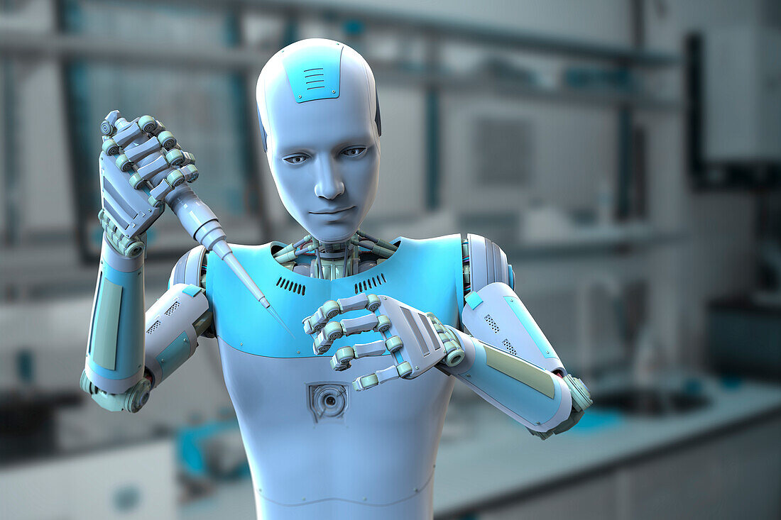 Humanoid robot working in laboratory, conceptual illustration