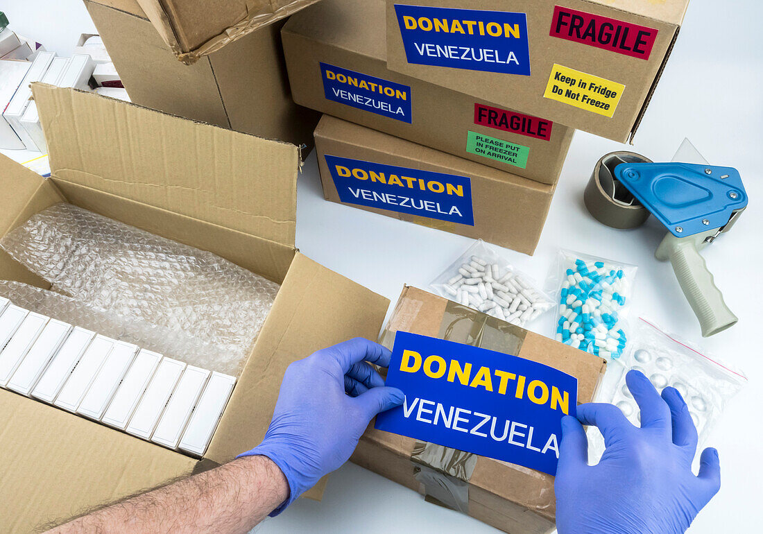 Donated medication being sent to Venezuela, conceptual image