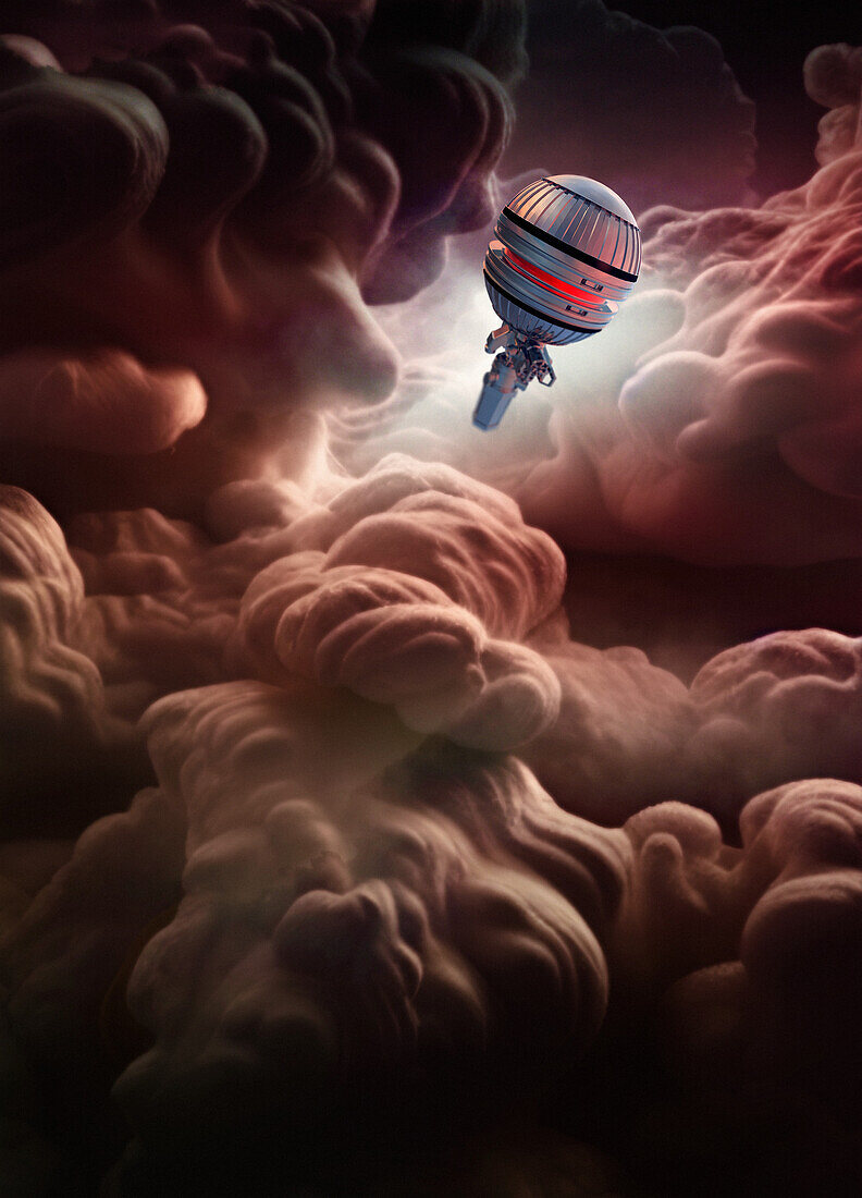 Drone flying through the clouds of Jupiter, illustration