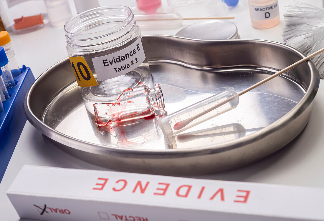 Blood-stained glass sample in an evidence jar