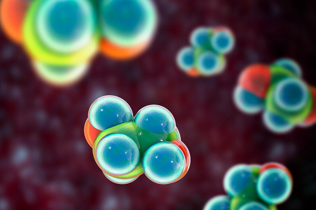 Ethylene glycol molecule, 3D illustration