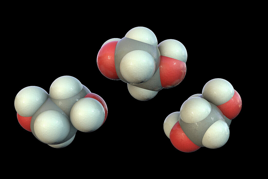 Ethylene glycol molecule, 3D illustration