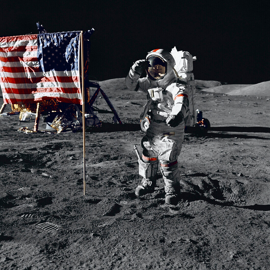 Eugene Cernan saluting US flag on Moon Apollo 17