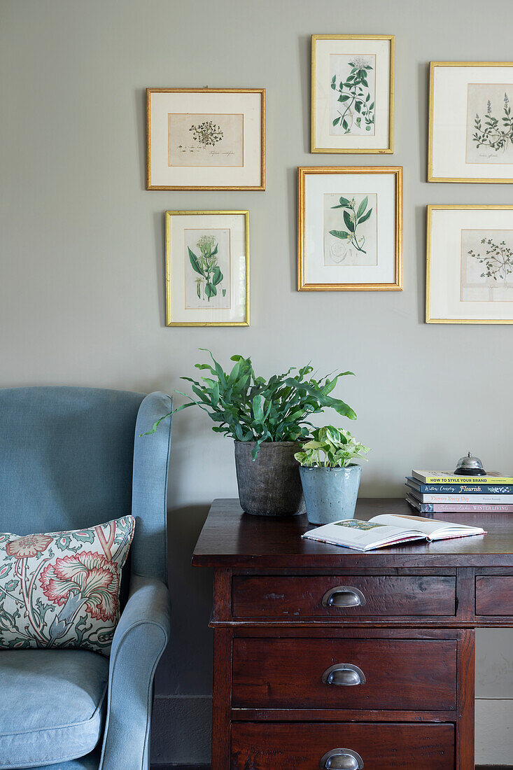 Blue wingback chair next to an antique desk, vintage floral prints above it