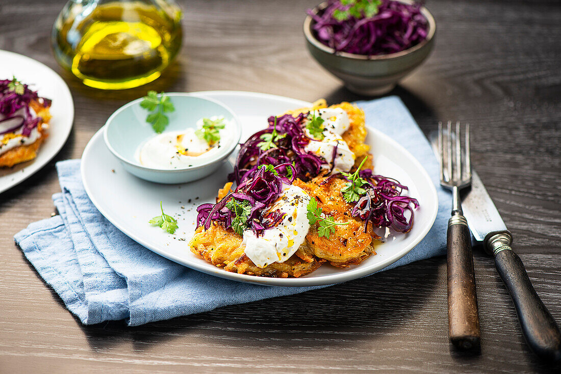 Potato fritters with red cabbage
