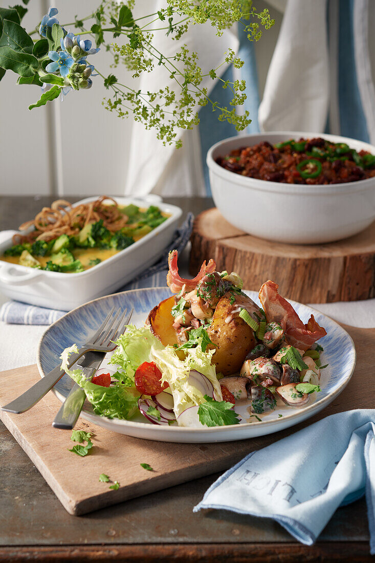 Baked potatoes with mushroom cream and bacon