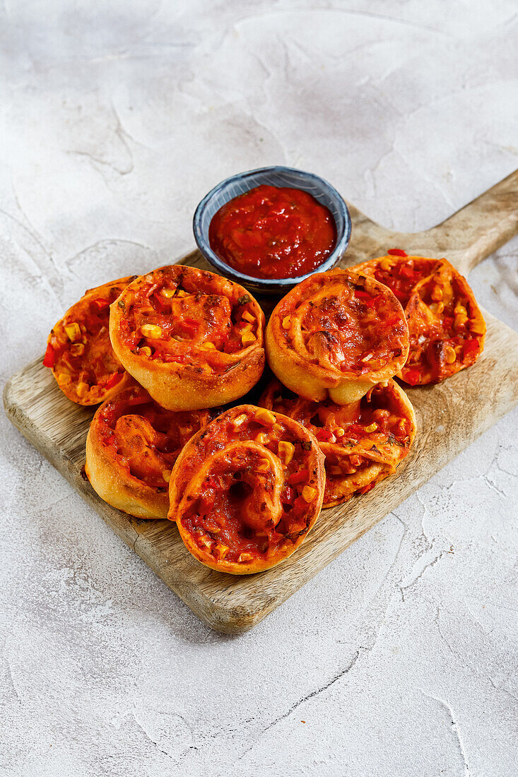 Pizza buns with peppers and sweet corn