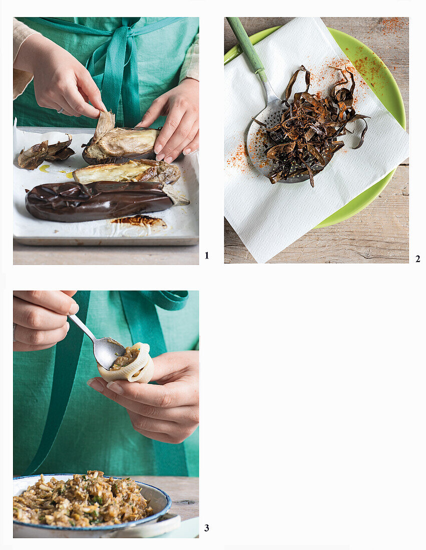 Muschelnudeln mit gerösteter Auberginencreme zubereiten