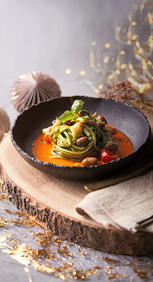 Grüne Bandnudeln mit Stockfisch und Kirschtomaten zu Weihnachten