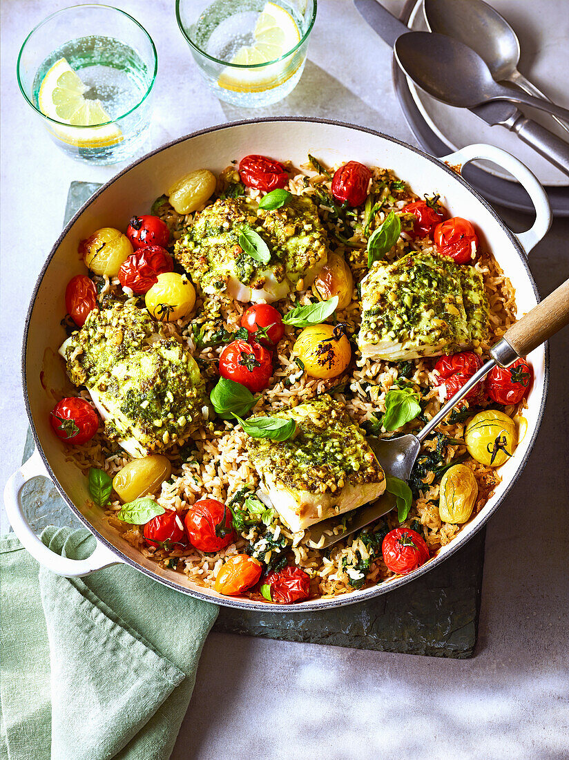 One-pan cod with pesto and rice