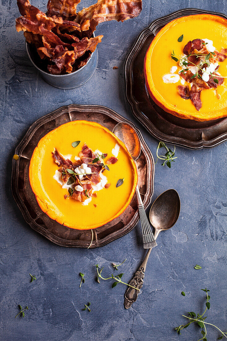 Pumpkin soup with cottage cheese and roasted bacon