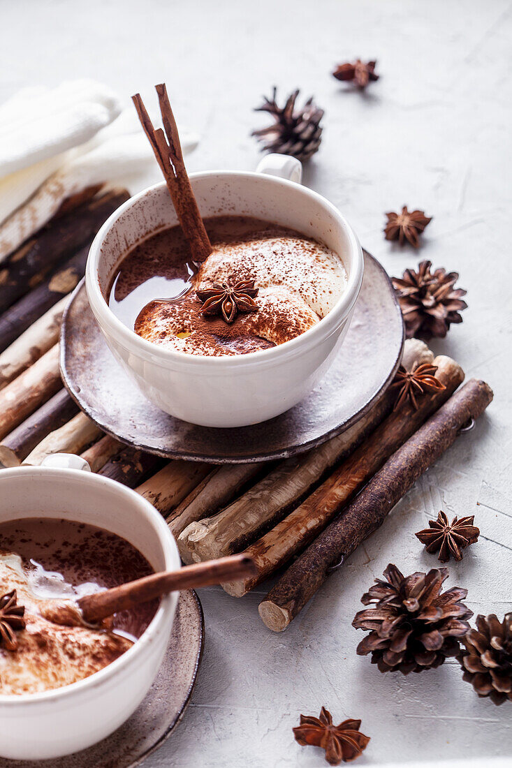 Heiße Schokolade mit Zimtstange und Marshmallows