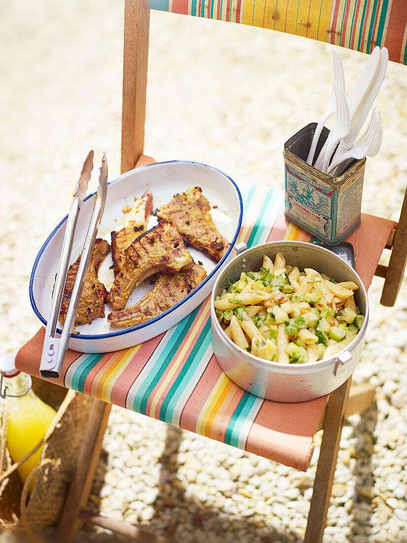 Chili ginger lamb chops and curry noodle salad